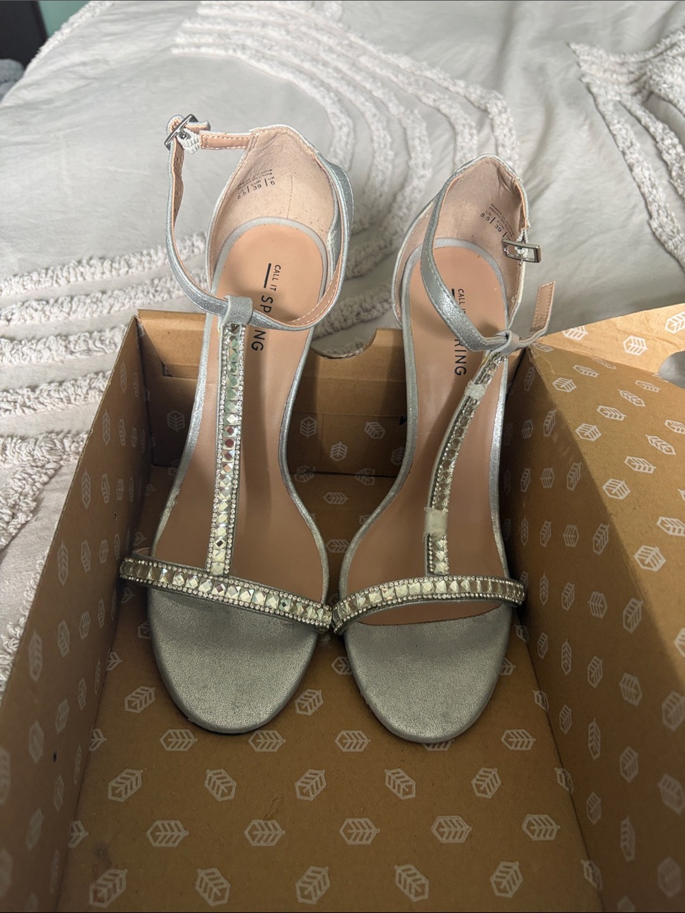 Call It Spring Silver T-Strap Crystal Heels